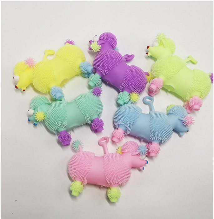 Hot Selling LED Flashing Flexible Hairy Poodle Dog Puffer Toy Colorful Relaxing Sensory Sticky Rubber Bouncy Squeeze Toy