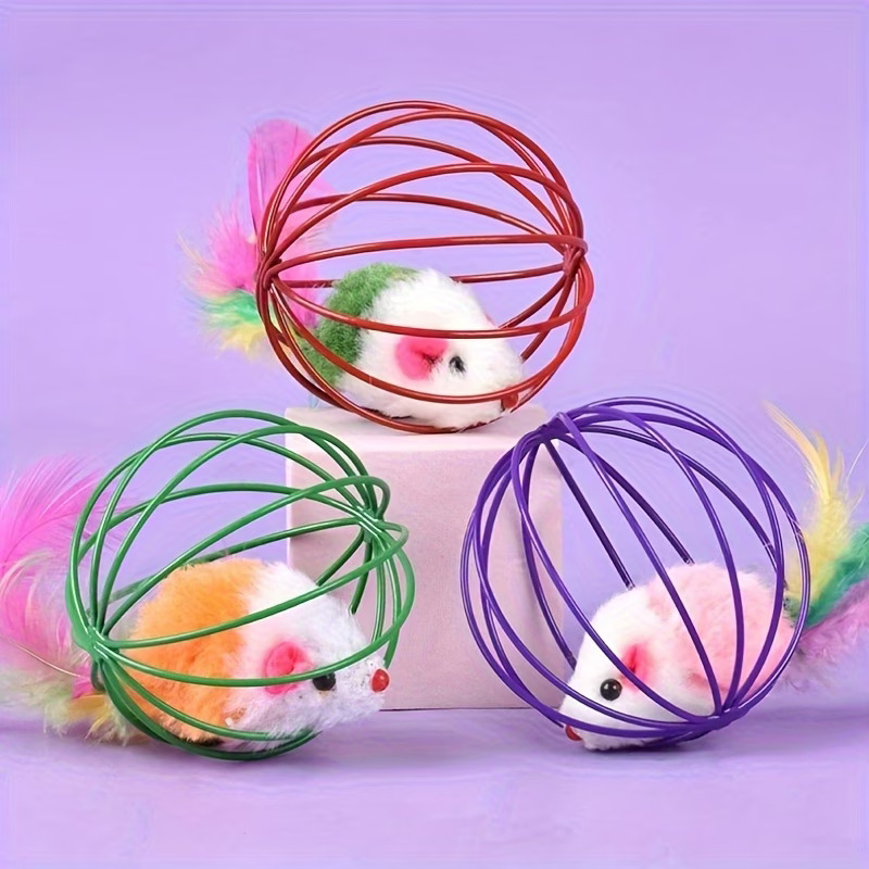 Playpal Cat Toy Cage Mouse Teaser Wand With Artificial Feather Tail Mini Mouse Cage With Ball Self Play Toy For Cats Random