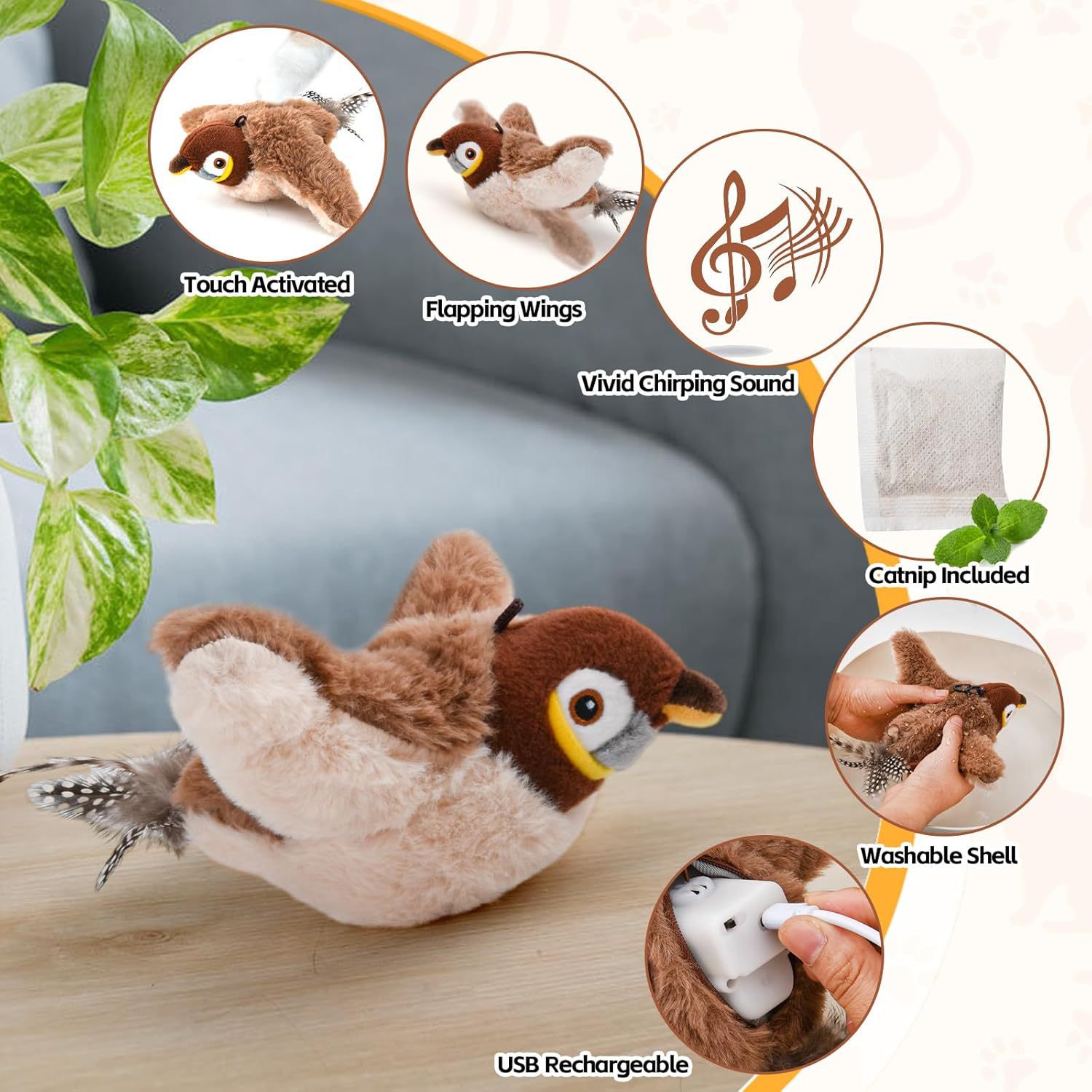 Smart Electric Rechargeable Plush Flapping Bird Toy Touch Activated Sparrow Chirp Tweet Pet Interactive Movement Toy Dogs Cats