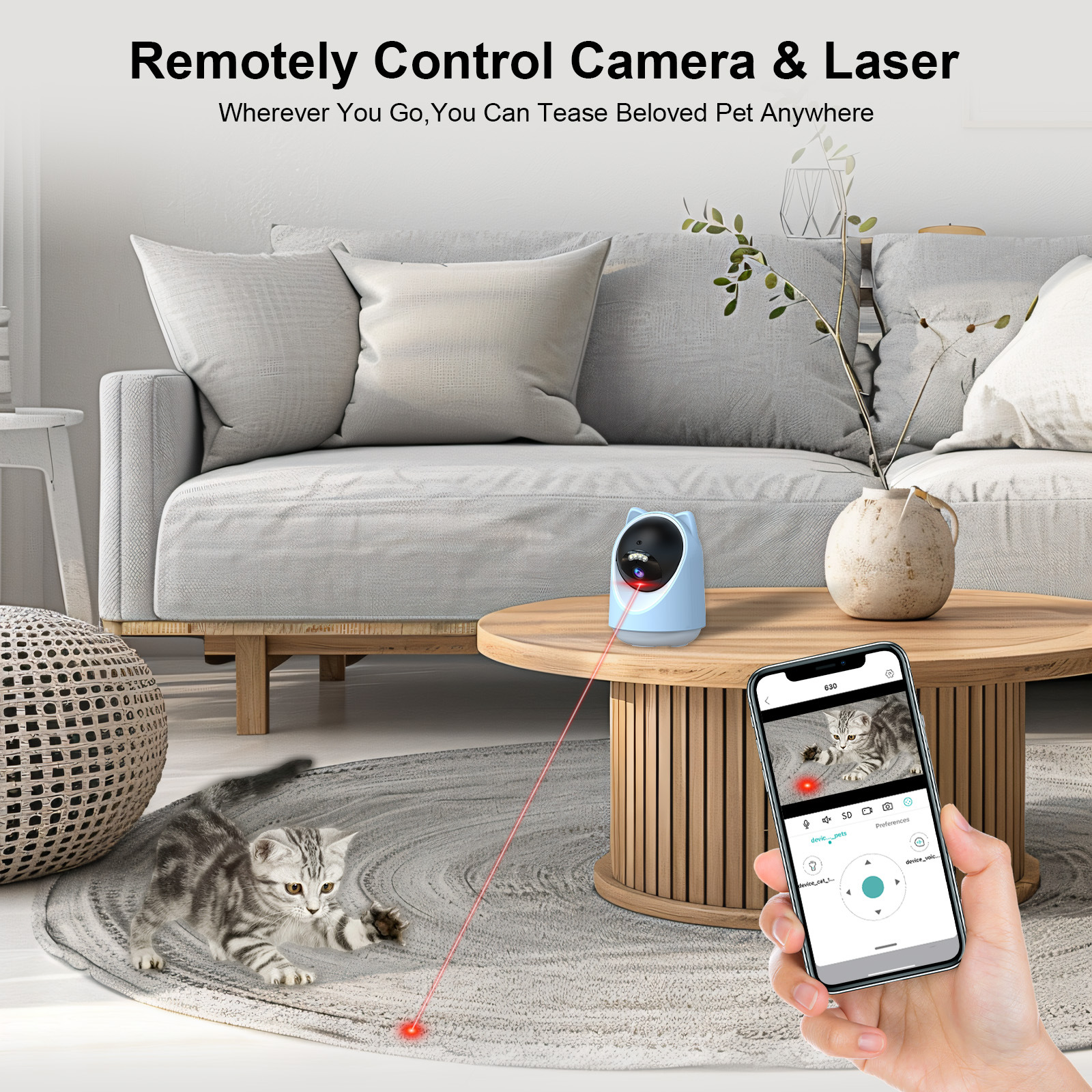 Automatic Pet Tracking Camera with Interactive Laser Toy Control Real Time Monitoring Auto-Rotate Full Coverage for Pet Play