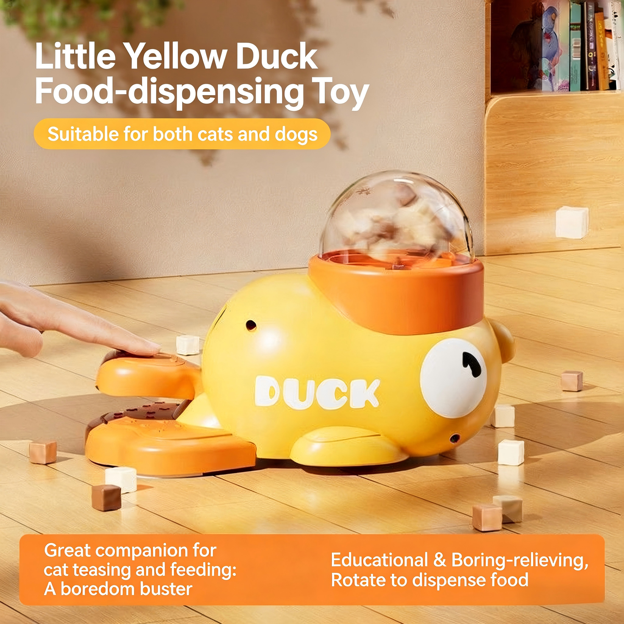 Cute Classic Yellow Duck Box Interactive Cat Treat Dispenser Toy Slow Feeder Puzzle Transparent Window Cats Dogs Anti-Choke Pet
