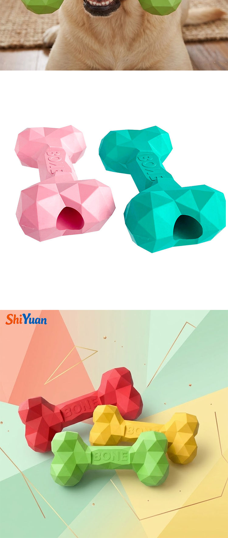 SHIYUAN Diamond Shape Dog Chew Toy, Rubber Treat Dispensing Bone Toy for Small Medium Large Dogs Dog Enrichment Chew Toy