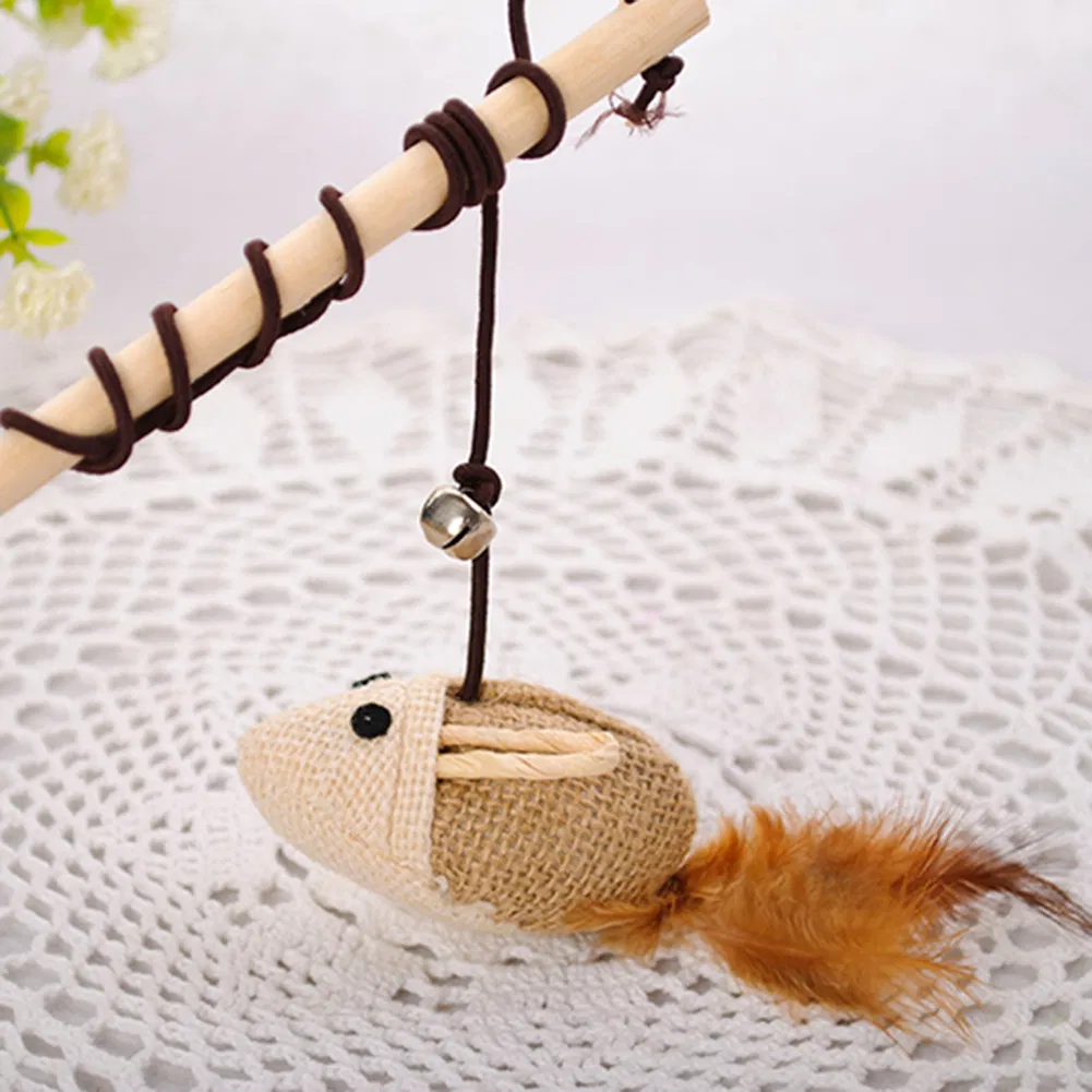 Kitten Mouse Wand Wood Pole Fake Feather Fish Cat Teaser Pet Wand Toy with Bell Chewing Toys Cat Interactive Toys Pet Supplies