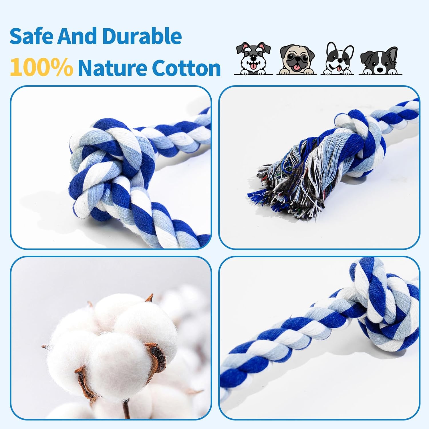 Customized Logo 100% 3 Knots Cotton Tug of War Dog Rope Chew Toys Multi-Colors for Boredom &amp; Teeth Cleaning Eco-Friendly