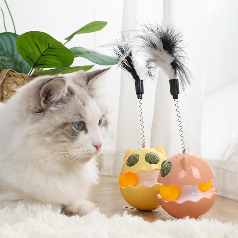 Self-Righting Catnip Cat Toy with Feather and Bell Teaser Wand for Kittens &amp; Cats