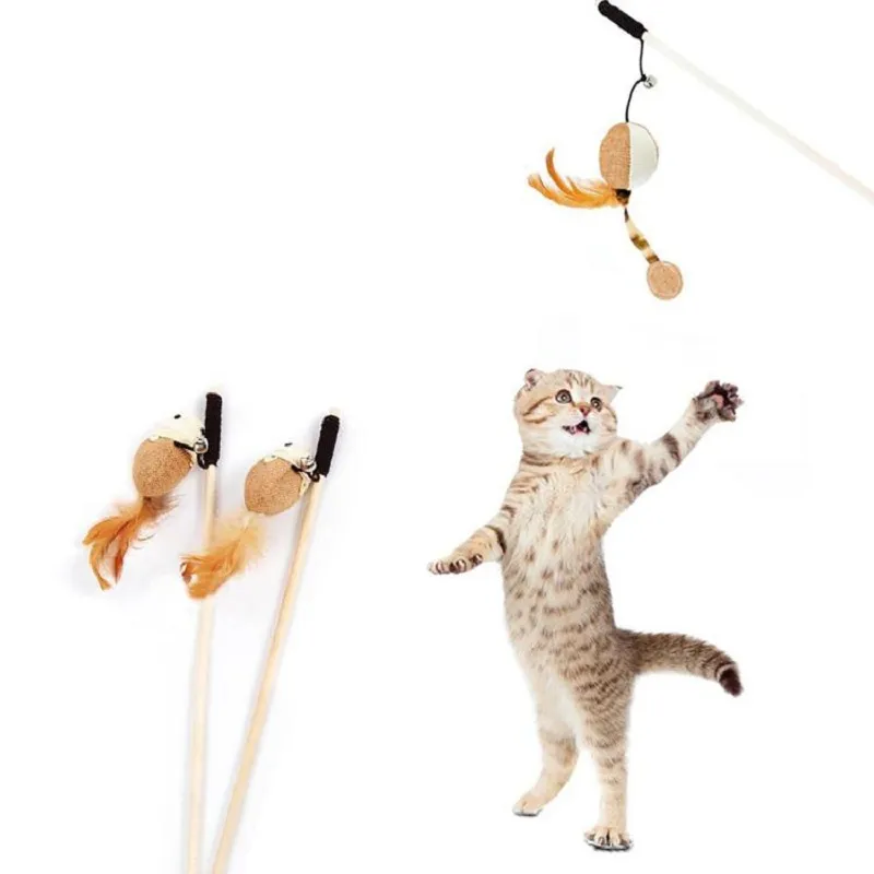 Kitten Mouse Wand Wood Pole Fake Feather Fish Cat Teaser Pet Wand Toy with Bell Chewing Toys Cat Interactive Toys Pet Supplies