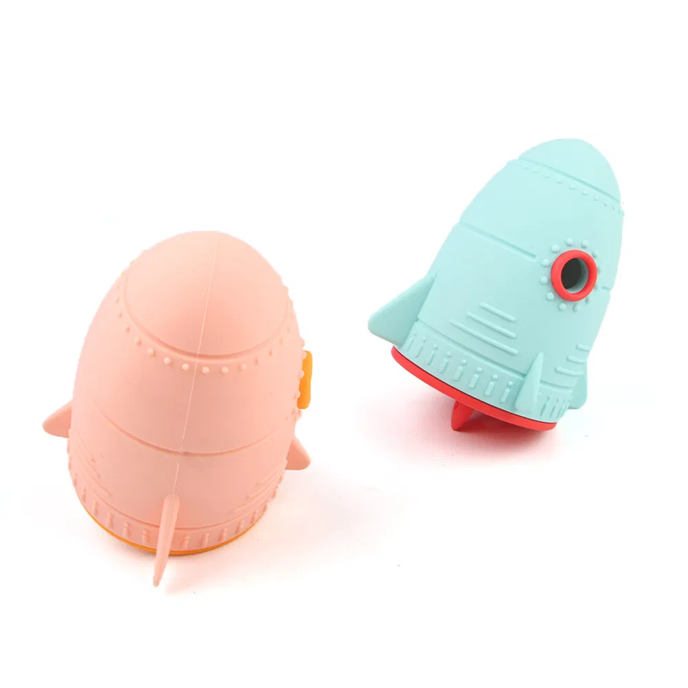 New Eco-Friendly Cartoon Style Rocket Shaped Chew Toy for Dogs Durable Silicone Interactive Food Hide Seek Puzzle Pet Toy