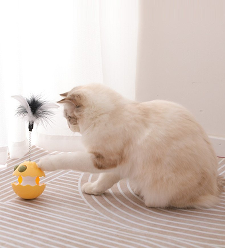Self-Righting Catnip Cat Toy with Feather and Bell Teaser Wand for Kittens & Cats