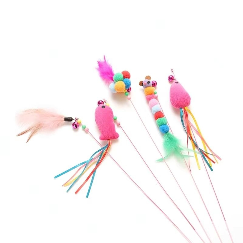 Factory Wholesale 2026 Interactive Teaser Wand Set with Feathers Bells Colorful POM Poms Fun Kitten Playtime Exercise Cat Toy