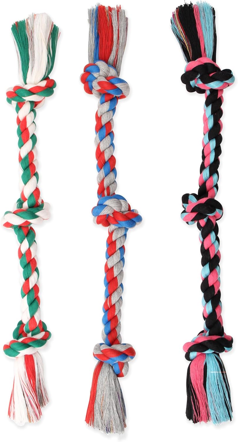 Customized Logo 100% 3 Knots Cotton Tug of War Dog Rope Chew Toys Multi-Colors for Boredom &amp; Teeth Cleaning Eco-Friendly