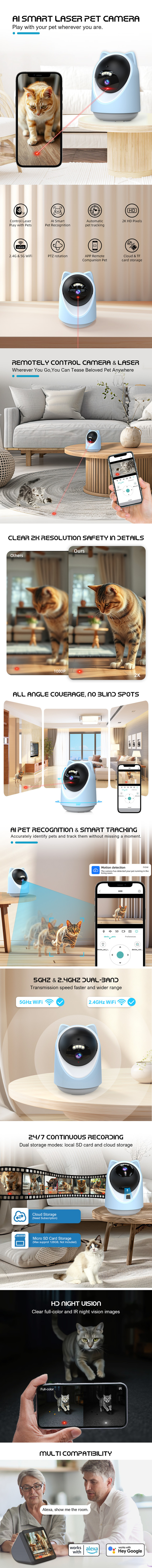 Automatic Pet Tracking Camera with Interactive Laser Toy Control Real Time Monitoring Auto-Rotate Full Coverage for Pet Play