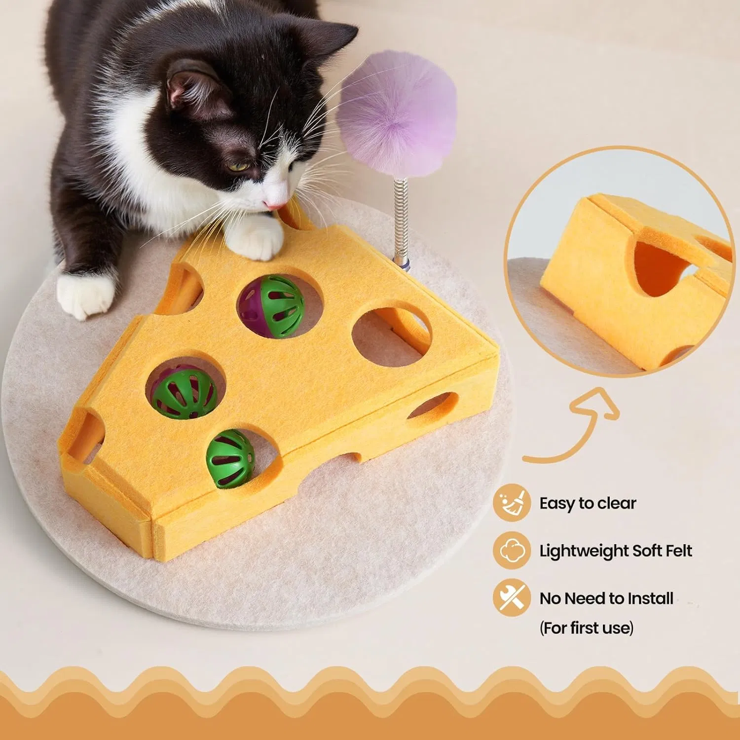 Interactive Cat Toys Durable Cheese Ball Box Cat Felt Cats Treat Puzzle Feeder Box Game with Base Jingle Ball Spring Teaser Wand