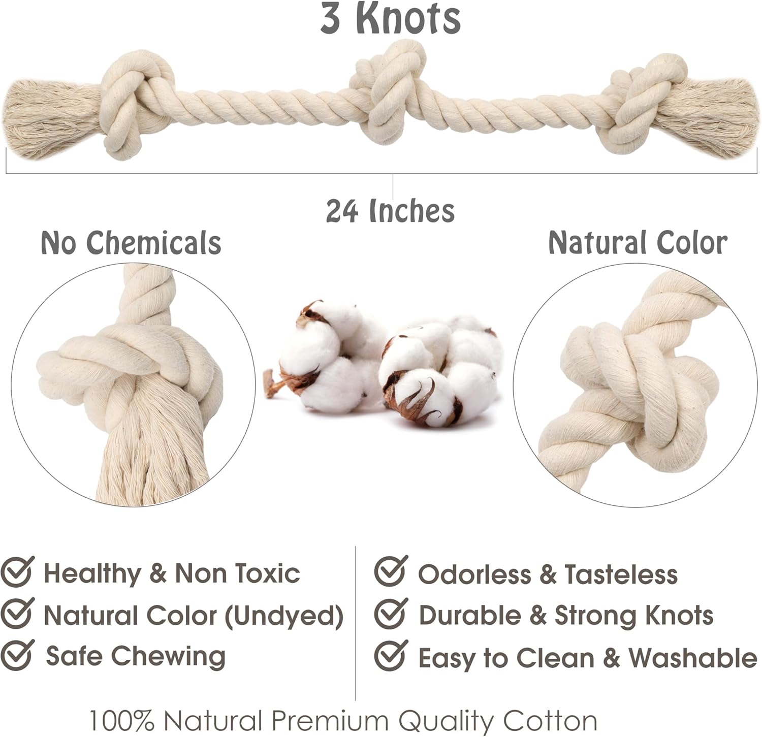 Customized Logo 100% 3 Knots Cotton Tug of War Dog Rope Chew Toys Multi-Colors for Boredom &amp; Teeth Cleaning Eco-Friendly