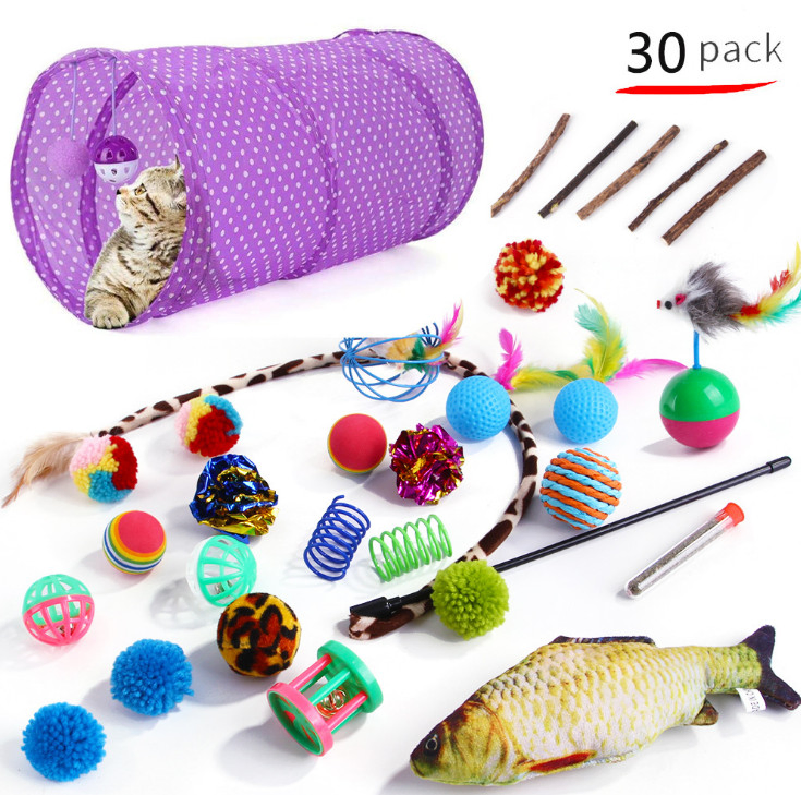Amazon Hot Sale 21PCS/Pack Retractable Cat Toy Wand Kitten Cat Pet Toy Wire Chaser Wand Teaser Feather Toys with Cat Tunnel Toy Set