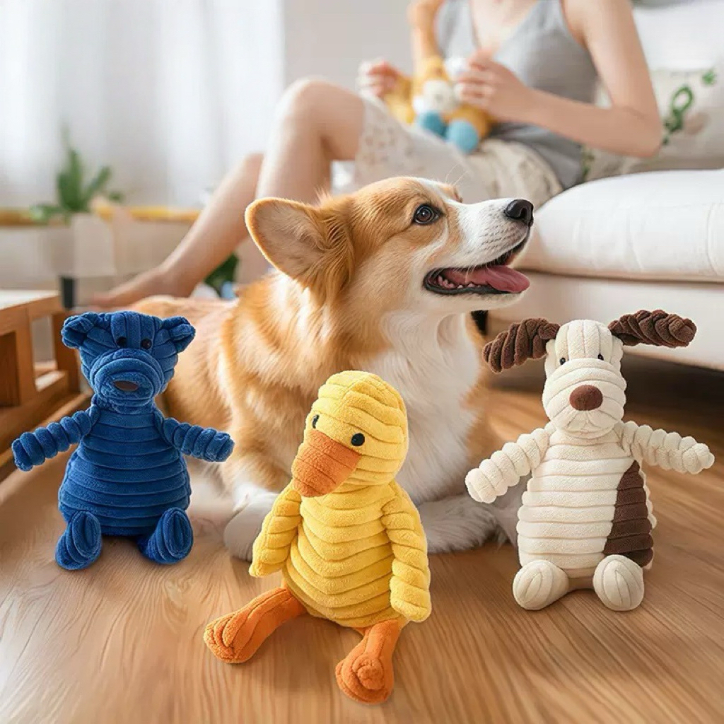 Interactive Squeaky Plush Dog Toys with Crinkle Sound Duck Bear Puppy Shapes for Home Play Mental Stimulation for Dogs
