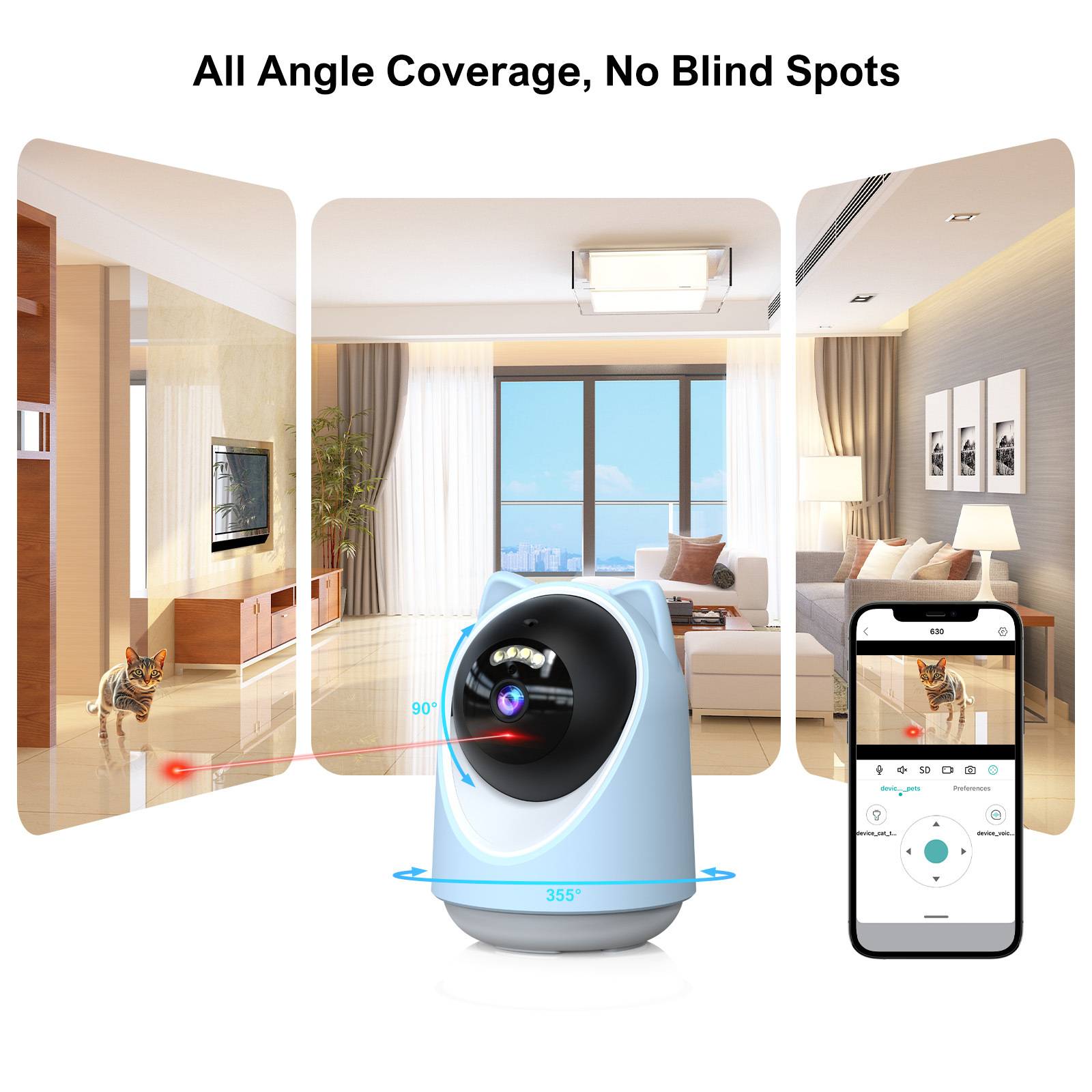 Automatic Pet Tracking Camera with Interactive Laser Toy Control Real Time Monitoring Auto-Rotate Full Coverage for Pet Play