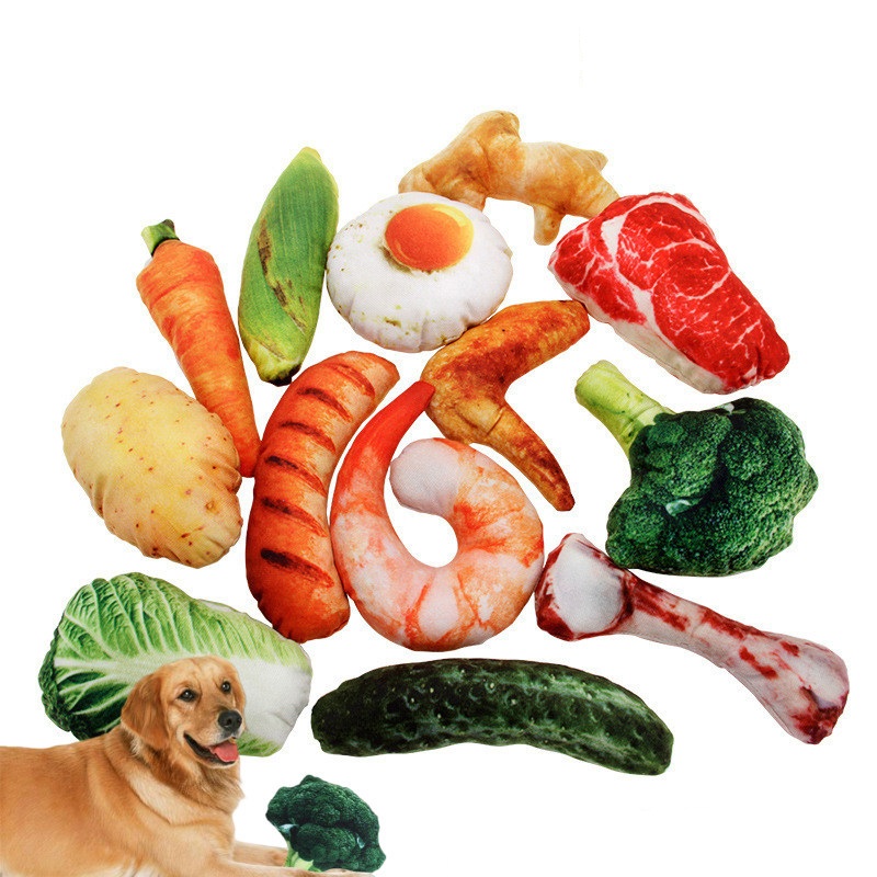 Best Selling Simulation Interactive Chew Pet Dog Toys Super Soft Plush Vegetables Bread Meat Filling PP Cotton Squeak Pet Toys