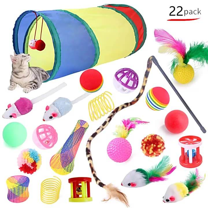 Cat Toys Set, Interactive Cat Kitten Toys for Indoor Cats Kitty with Collapsible Cat Play Tunnel Tube Tent Cat Feather Wand Teaser Cat Bell Fuzzy Bal