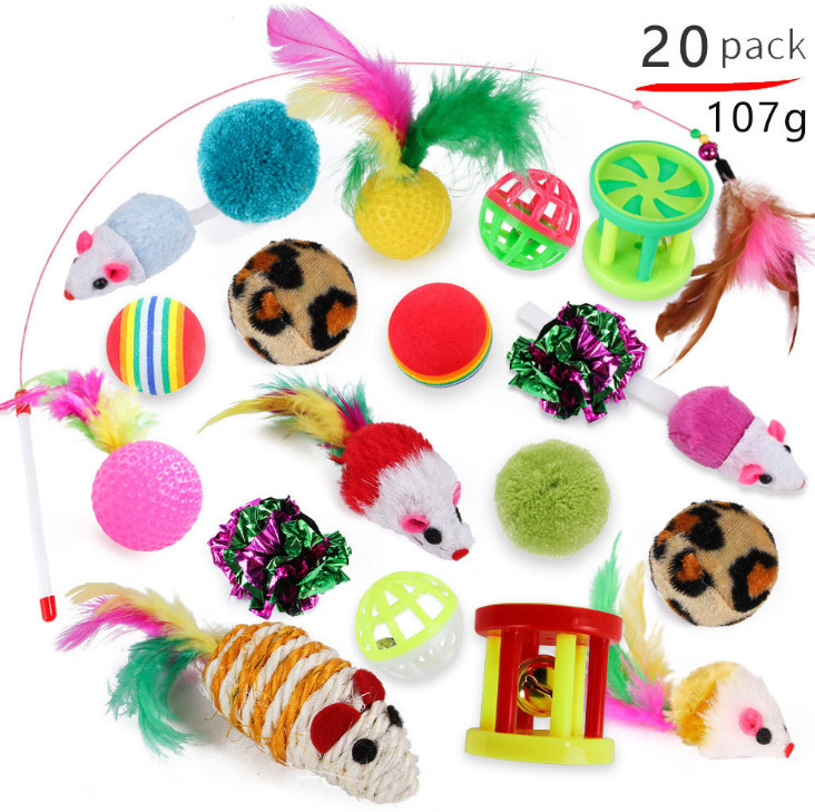 Amazon Hot Sale 21PCS/Pack Retractable Cat Toy Wand Kitten Cat Pet Toy Wire Chaser Wand Teaser Feather Toys with Cat Tunnel Toy Set