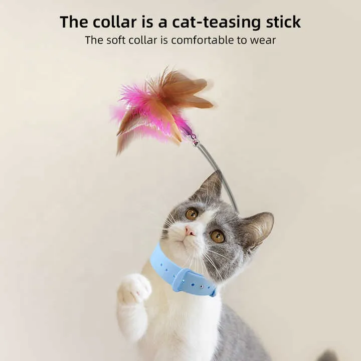 Interactive Cat Toys Funny Feather Teaser Stick with Bell Pets Collar Kitten Playing Teaser Wand Training Toys for Cat