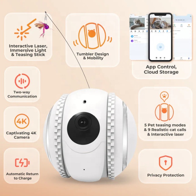 Smart Wireless App Remote Control Eco-Friendly Rubber &amp; Silicone Lovely Pet Camera Toy 1080P FHD Rolling Ball for Kitten