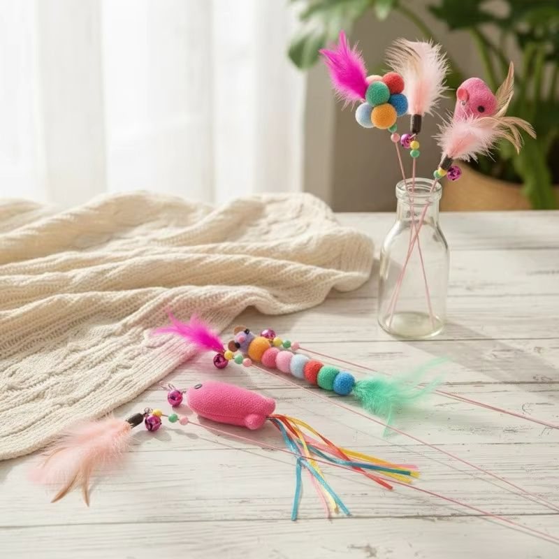 Factory Wholesale 2026 Interactive Teaser Wand Set with Feathers Bells Colorful POM Poms Fun Kitten Playtime Exercise Cat Toy