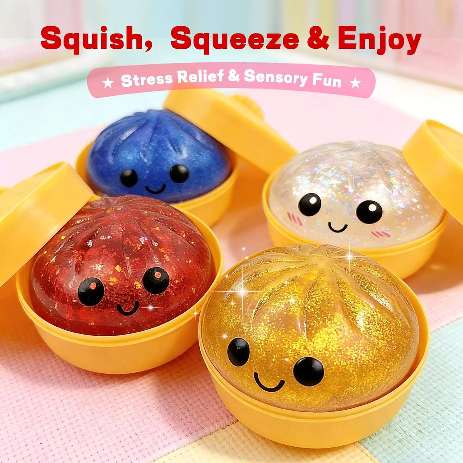 Promotional Smile Face Glitter Ribbon Dumpling Steamed Bun Squeeze Toy Mystery Dumpling Squishy Stress Ball Blind Box Fidget Toy