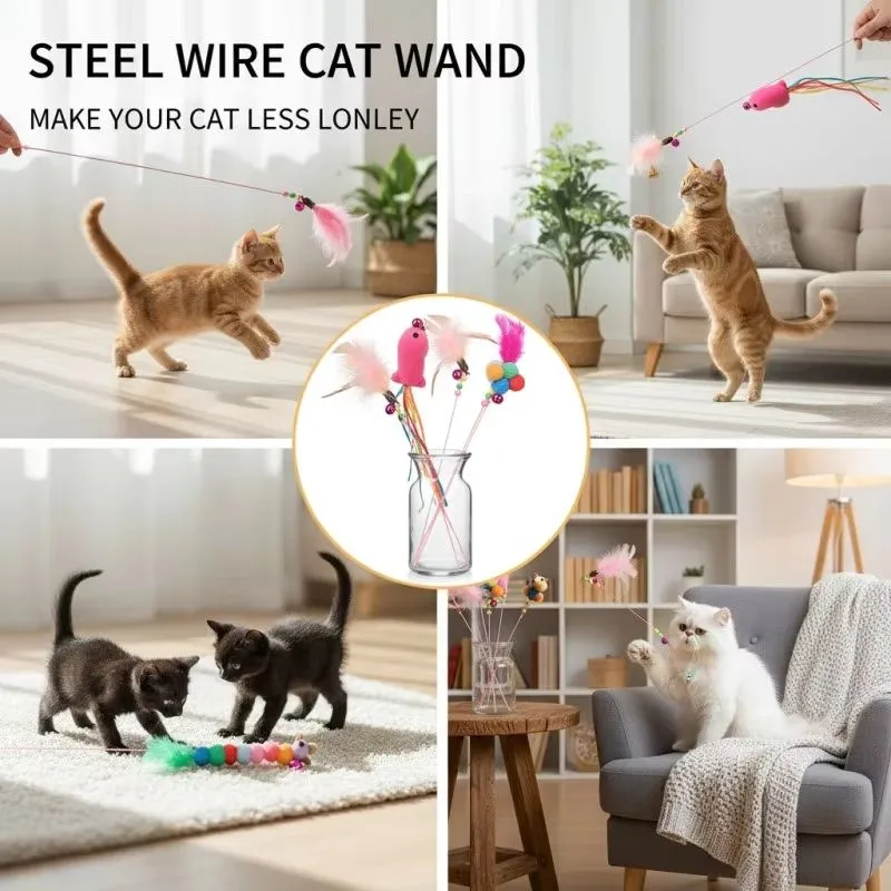 Interactive Teaser Wand Set with Feathers Bells Colorful POM Poms Fun Kitten Playtime Exercise Cat Toy