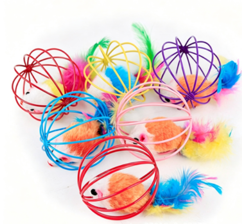 Playpal Cat Toy Cage Mouse Teaser Wand With Artificial Feather Tail Mini Mouse Cage With Ball Self Play Toy For Cats Random