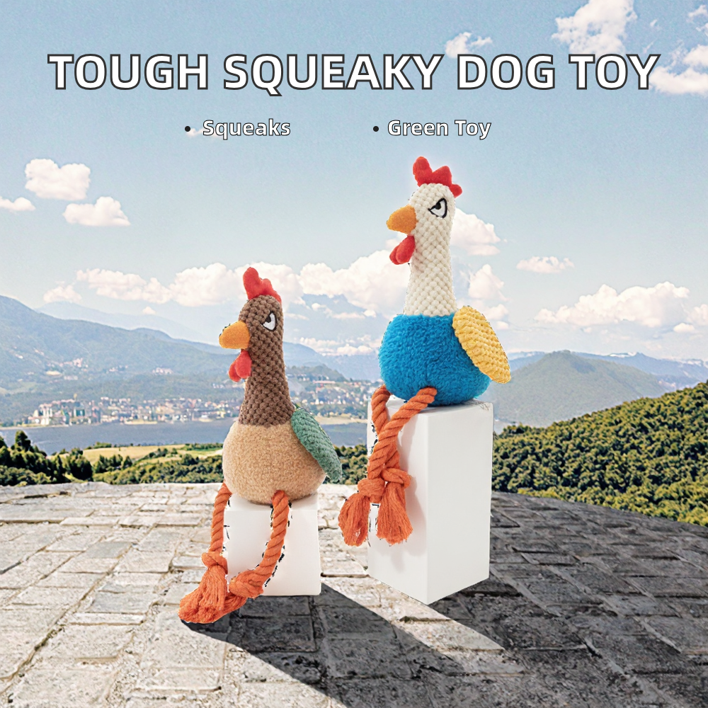 Chicken Tough Eco-Friendly Squeaky Plush Tug of War Dog Chew Toy with Pulling Cotton Rope for Indoor/Outdoor Use