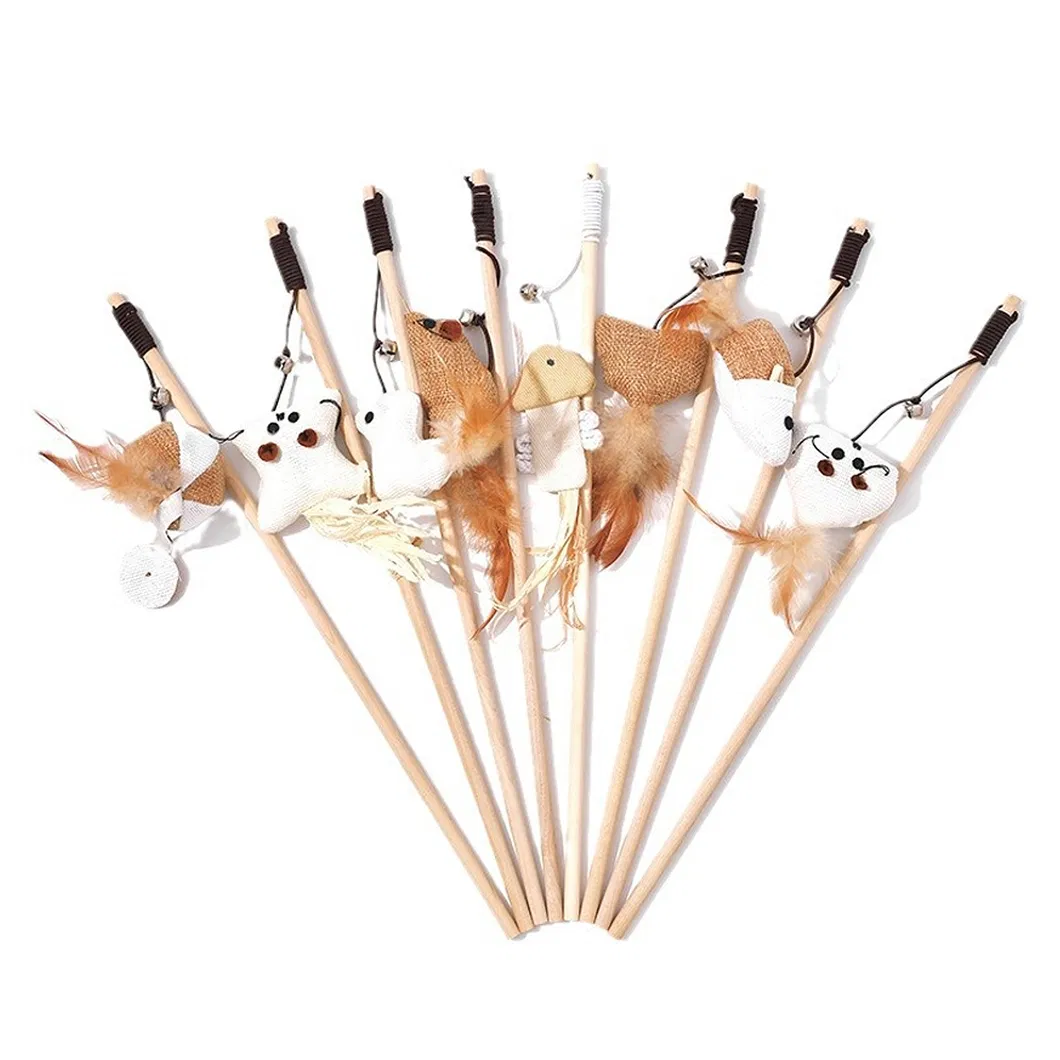 Kitten Mouse Wand Wood Pole Fake Feather Fish Cat Teaser Pet Wand Toy with Bell Chewing Toys Cat Interactive Toys Pet Supplies