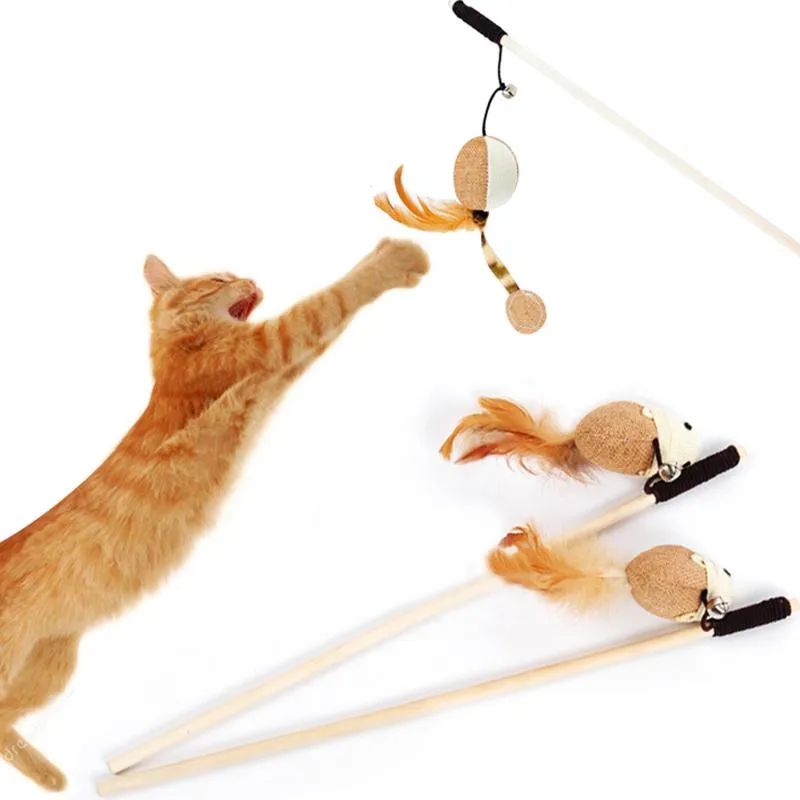 Kitten Mouse Wand Wood Pole Fake Feather Fish Cat Teaser Pet Wand Toy with Bell Chewing Toys Cat Interactive Toys Pet Supplies