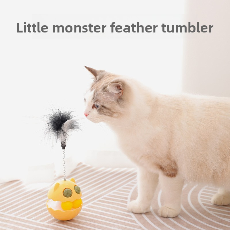 Self-Righting Catnip Cat Toy with Feather and Bell Teaser Wand for Kittens &amp; Cats