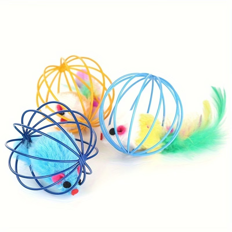 Playpal Cat Toy Cage Mouse Teaser Wand With Artificial Feather Tail Mini Mouse Cage With Ball Self Play Toy For Cats Random