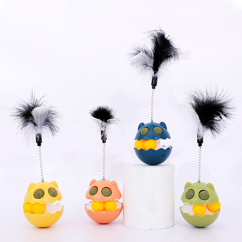 Self-Righting Catnip Cat Toy with Feather and Bell Teaser Wand for Kittens &amp; Cats