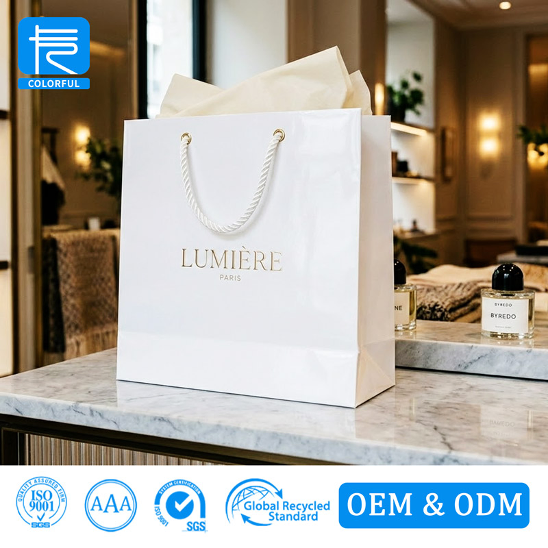 Custom Premium White Glossy Paper Shopping Bags Luxury Retail Packaging for Jewelry Cosmetics
