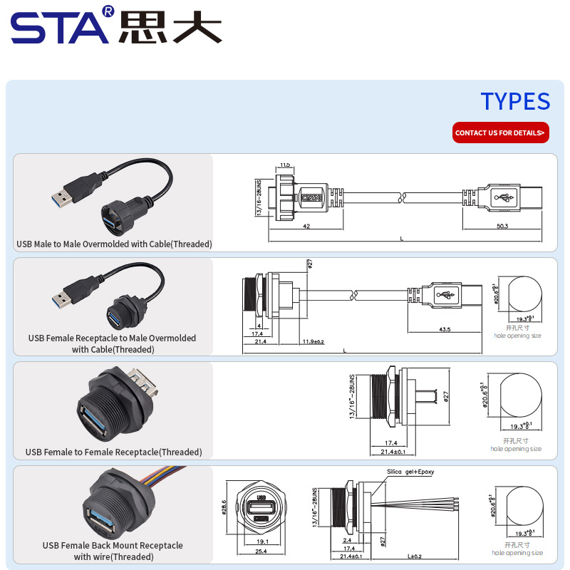 USB3.0 Waterproof IP67 Outdoor USB Back Mount FPC Connector with Cable