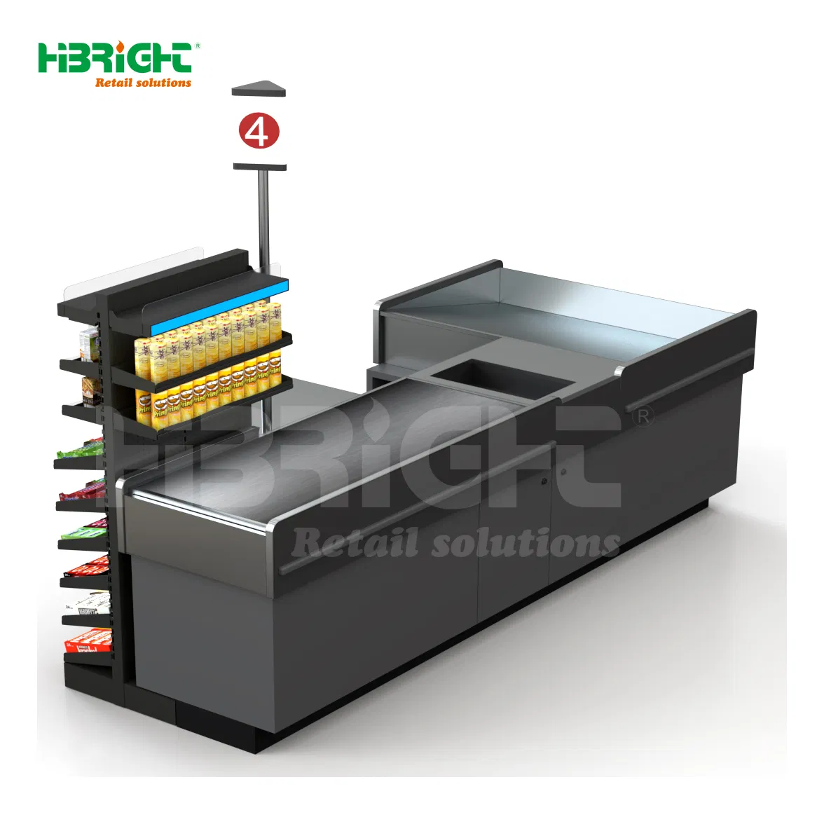 Belted Stainless Steel Retail Store Straight Cashier Checkout Counter with Automatic Door