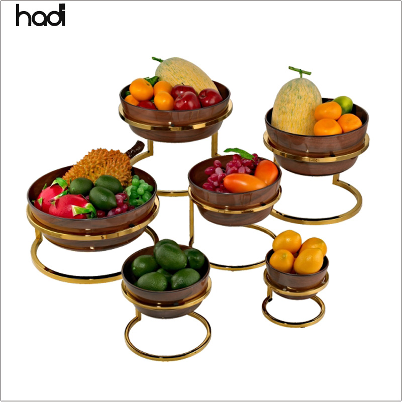 Gold Stainless Steel Tabletop Etagere for Party Serving Fruit Food Display Melamine Bowls Restaurant Hotel Supplies