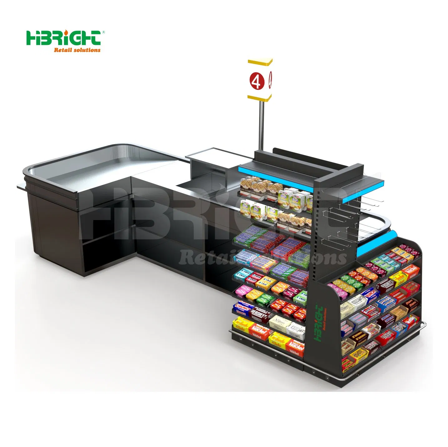 Belted Stainless Steel Retail Store Straight Cashier Checkout Counter with Automatic Door