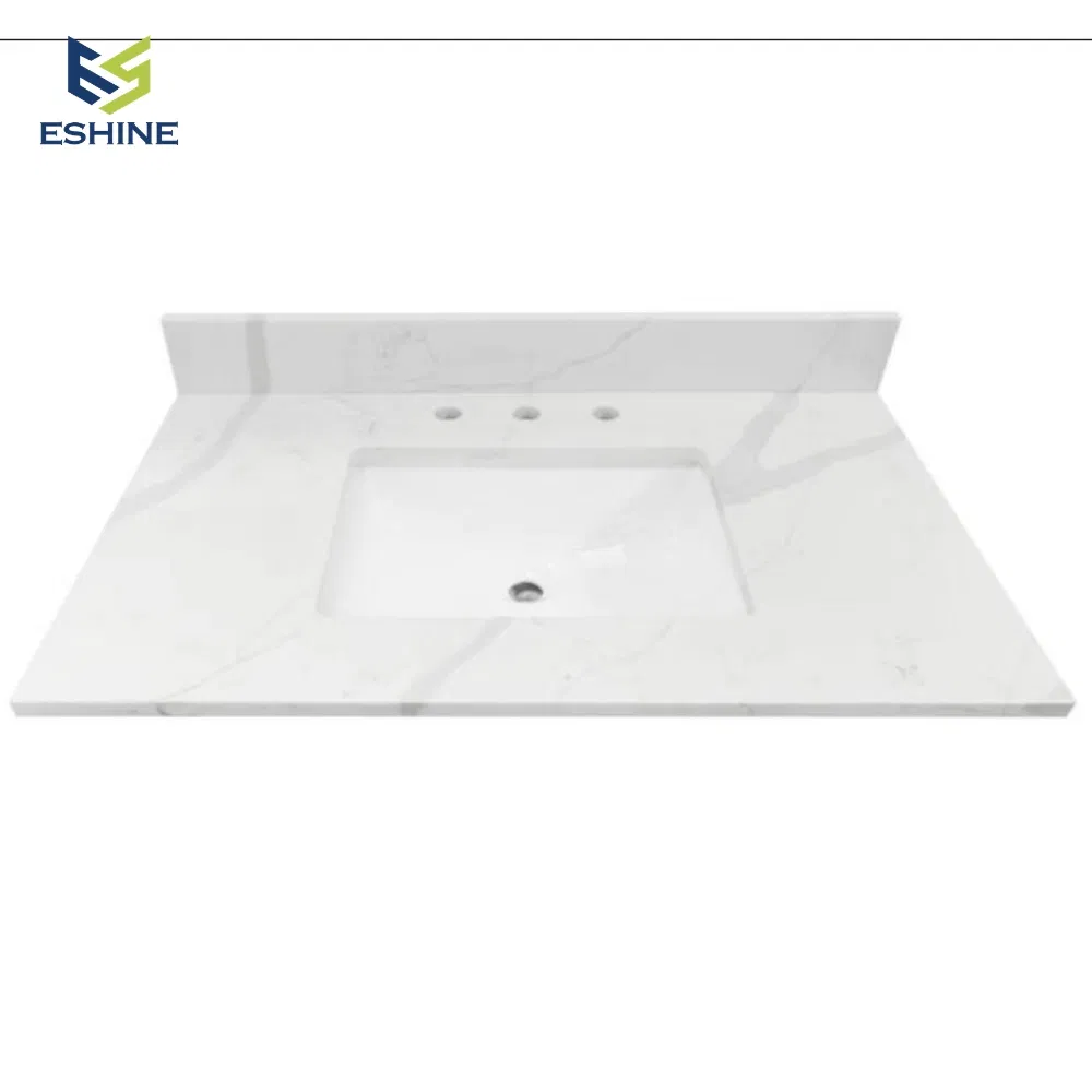 OEM Factory Customized Project Solid Surface Vanity Top Reparible Bathroom Vanity Unit Engineered Quartz Bathroom Countertop with Integrated Undermount Sink
