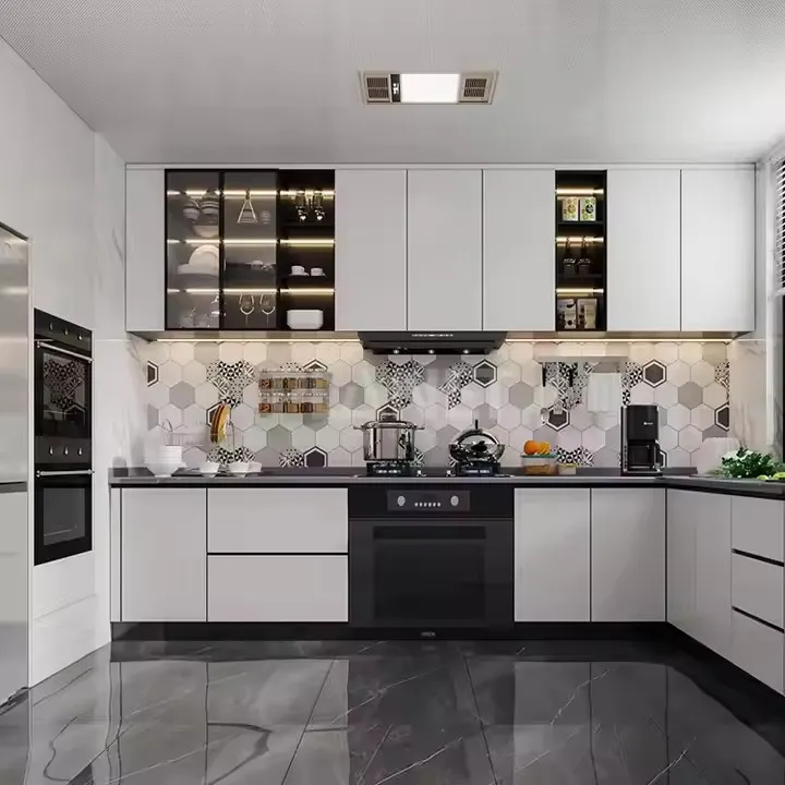 خزانة مطبخ معيارية حديثة التصميم الأوروبي باللون الأسود مع باب من مادة اللكر