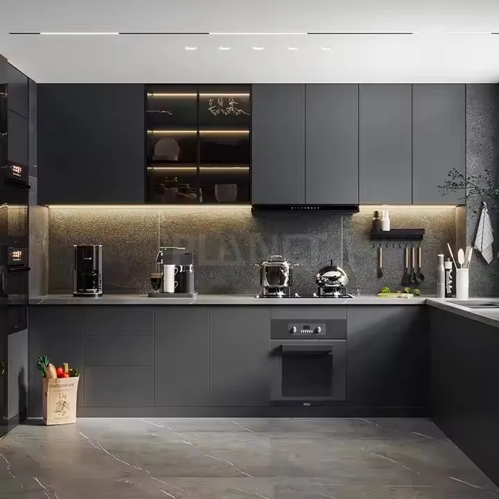 خزانة مطبخ معيارية حديثة التصميم الأوروبي باللون الأسود مع باب من مادة اللكر