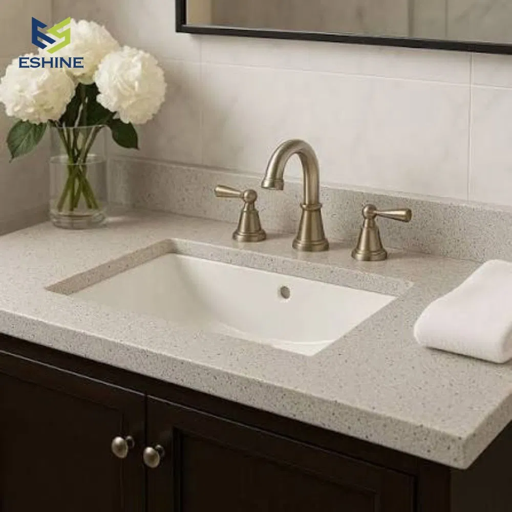 OEM Factory Customized Project Solid Surface Vanity Top Reparible Bathroom Vanity Unit Engineered Quartz Bathroom Countertop with Integrated Undermount Sink