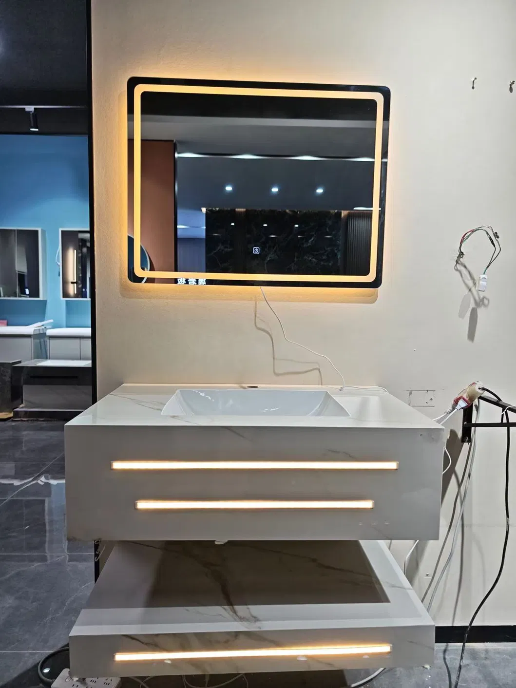 RO-226-120 أثاث المنزل حمام حديث حوض مزدوج خزانة رخامية مع مرآة