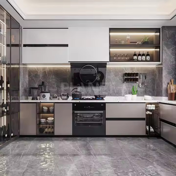خزانة مطبخ معيارية حديثة التصميم الأوروبي باللون الأسود مع باب من مادة اللكر