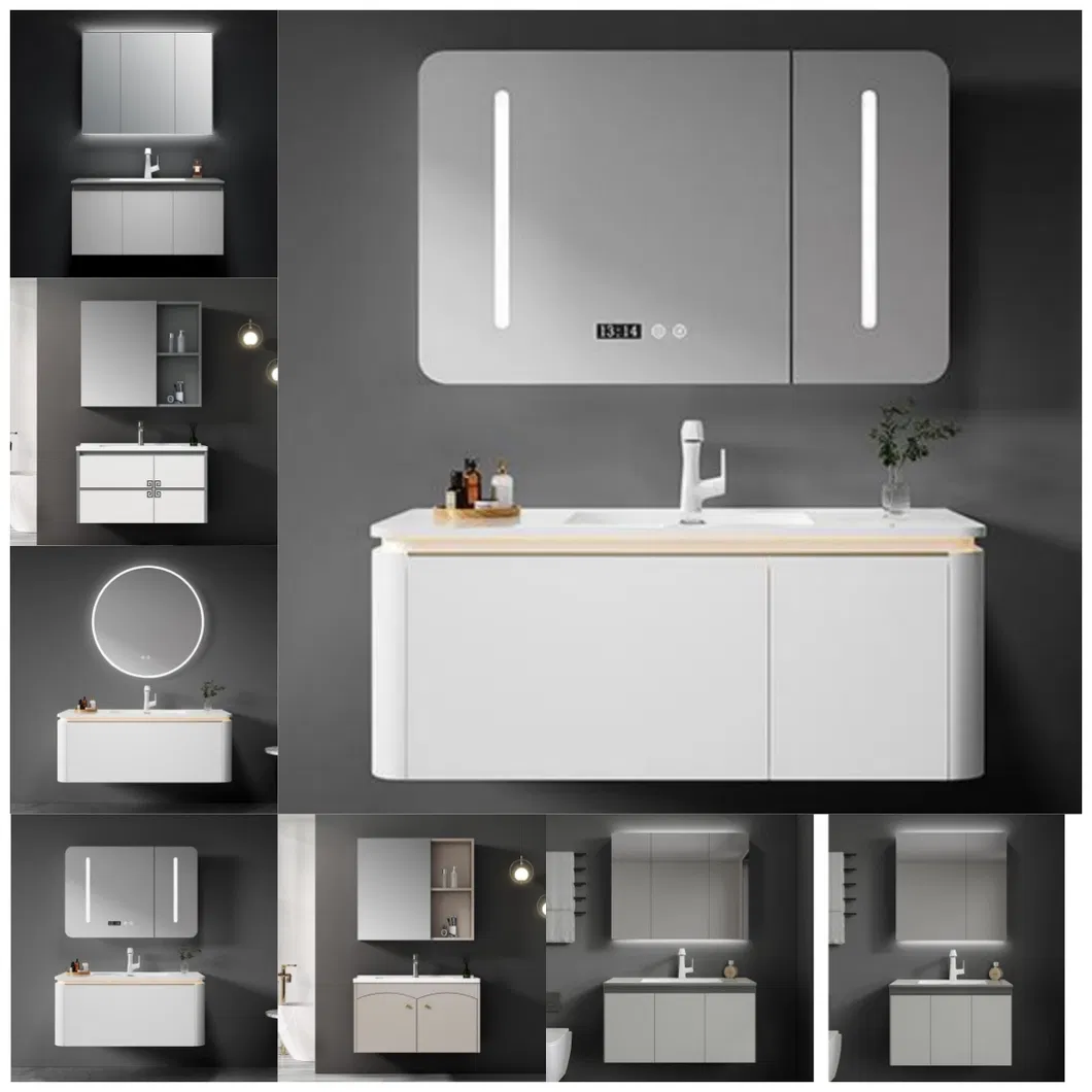 خزانة حمام من الخشب الصلب مثبتة على الحائط مع درج كبير للتخزين ومرآة