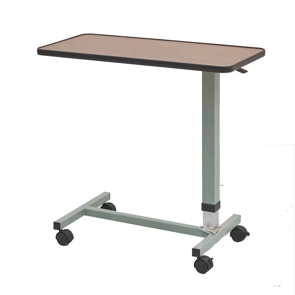 Wooden Adjustable Overbed Table for Hospital Patients with Wheels