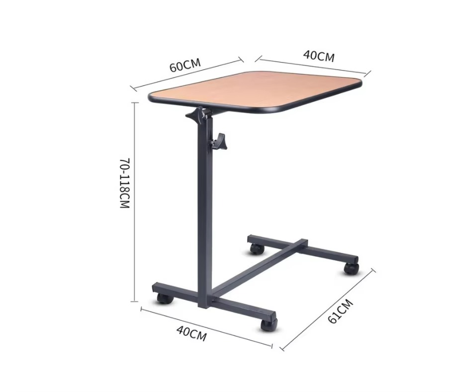 Wooden Adjustable Overbed Table for Hospital Patients with Wheels