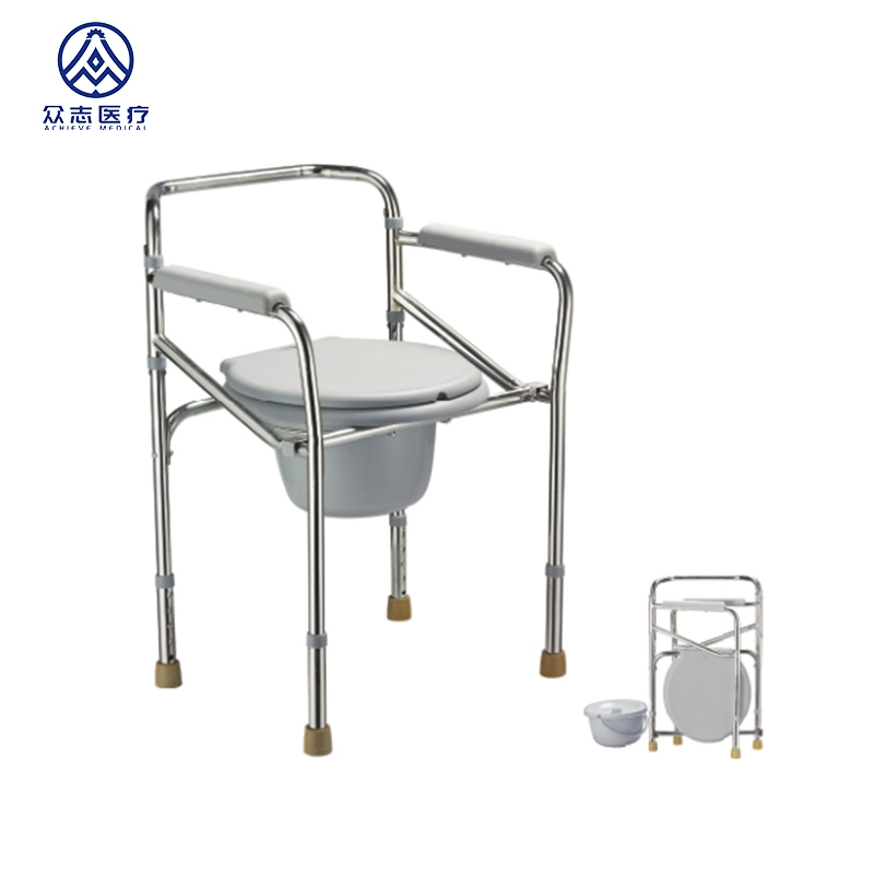 Steel Frame with Chrome Fixed Armrest Non-Slip Rubber Foot Pad Commode Chair